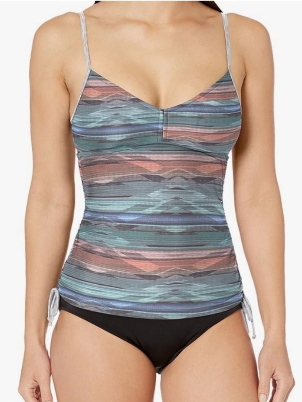 Prana Bonita Moorea Tankini Top Granite Print Ruched Side Tie Swimwear Size S